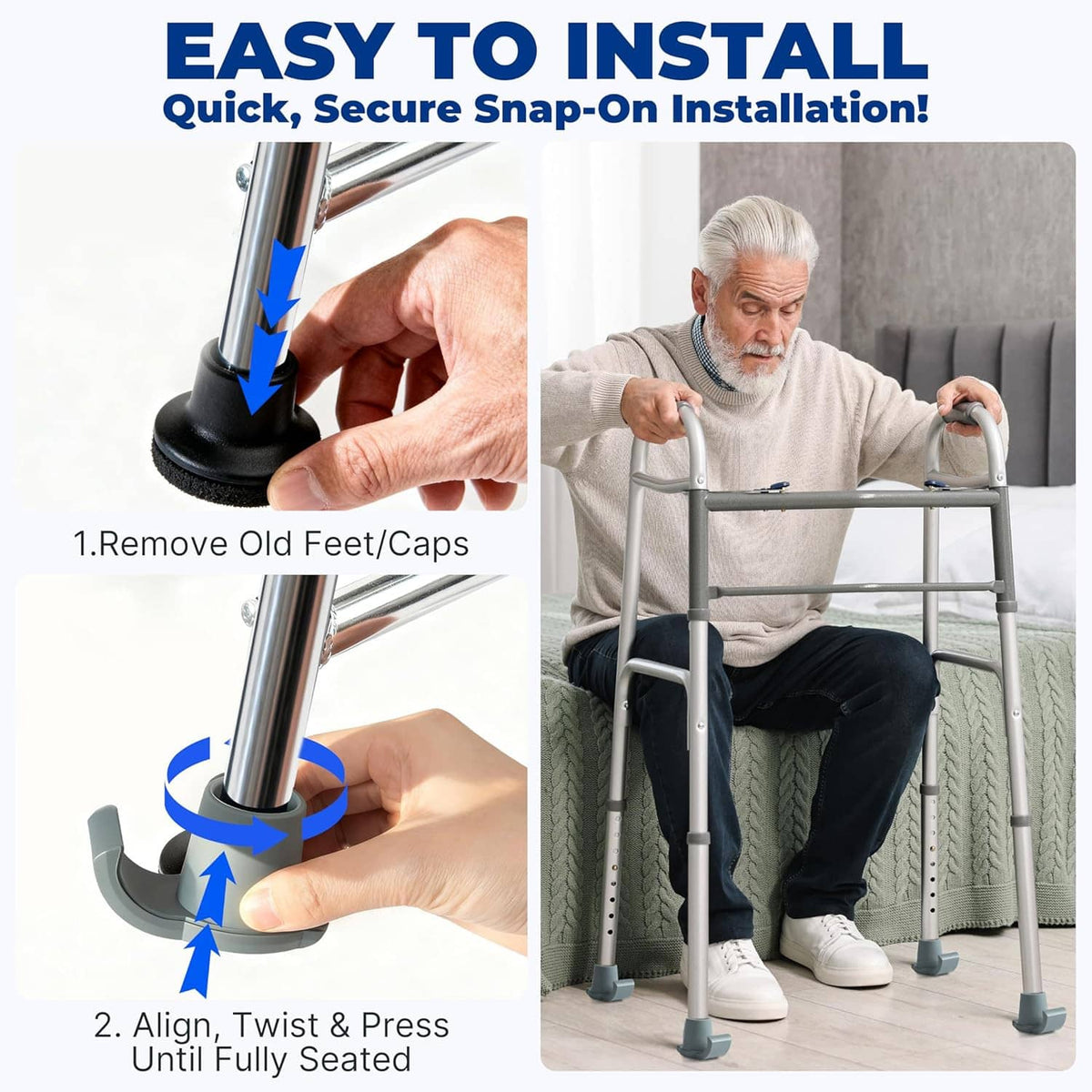 Walker ski glide replacement caps, shown snapped onto folding walker leg ends
