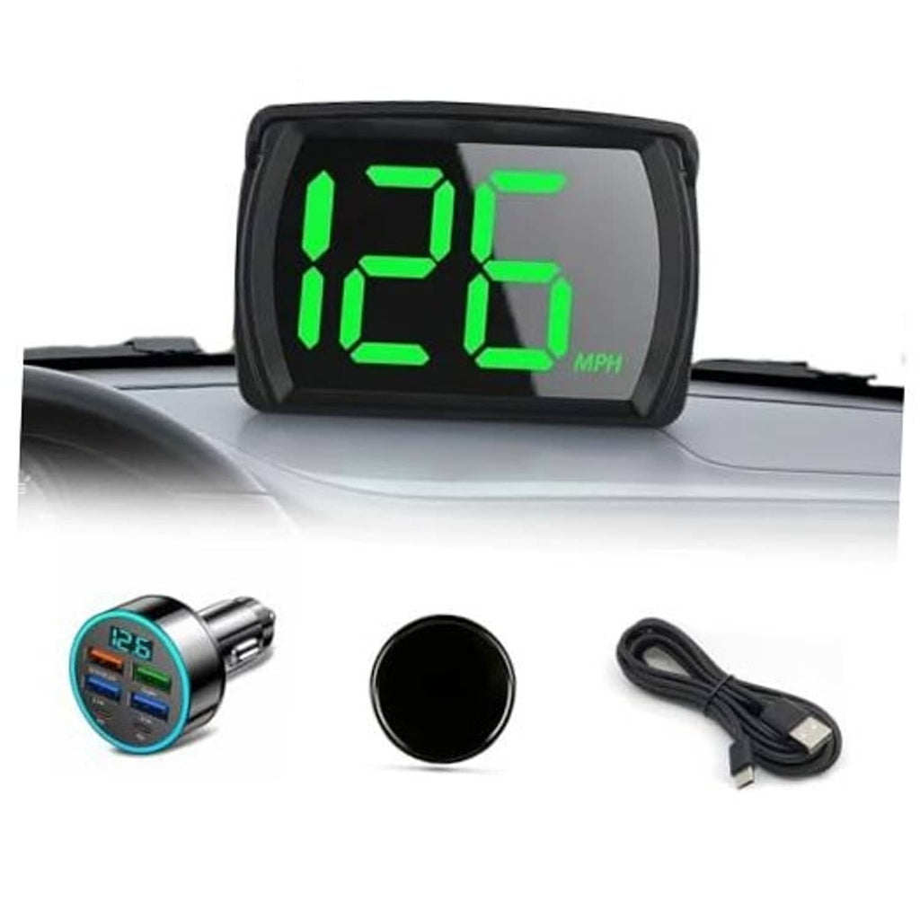 Car HUD speedometer unit with green digits plus USB cable and round car charger