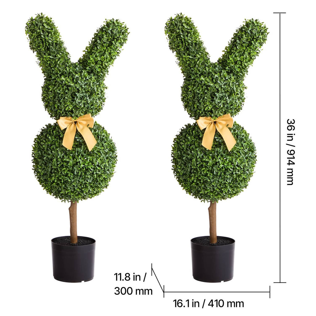 Two bunny-shaped boxwood topiaries with yellow bows in black pots, 36-inch height.
