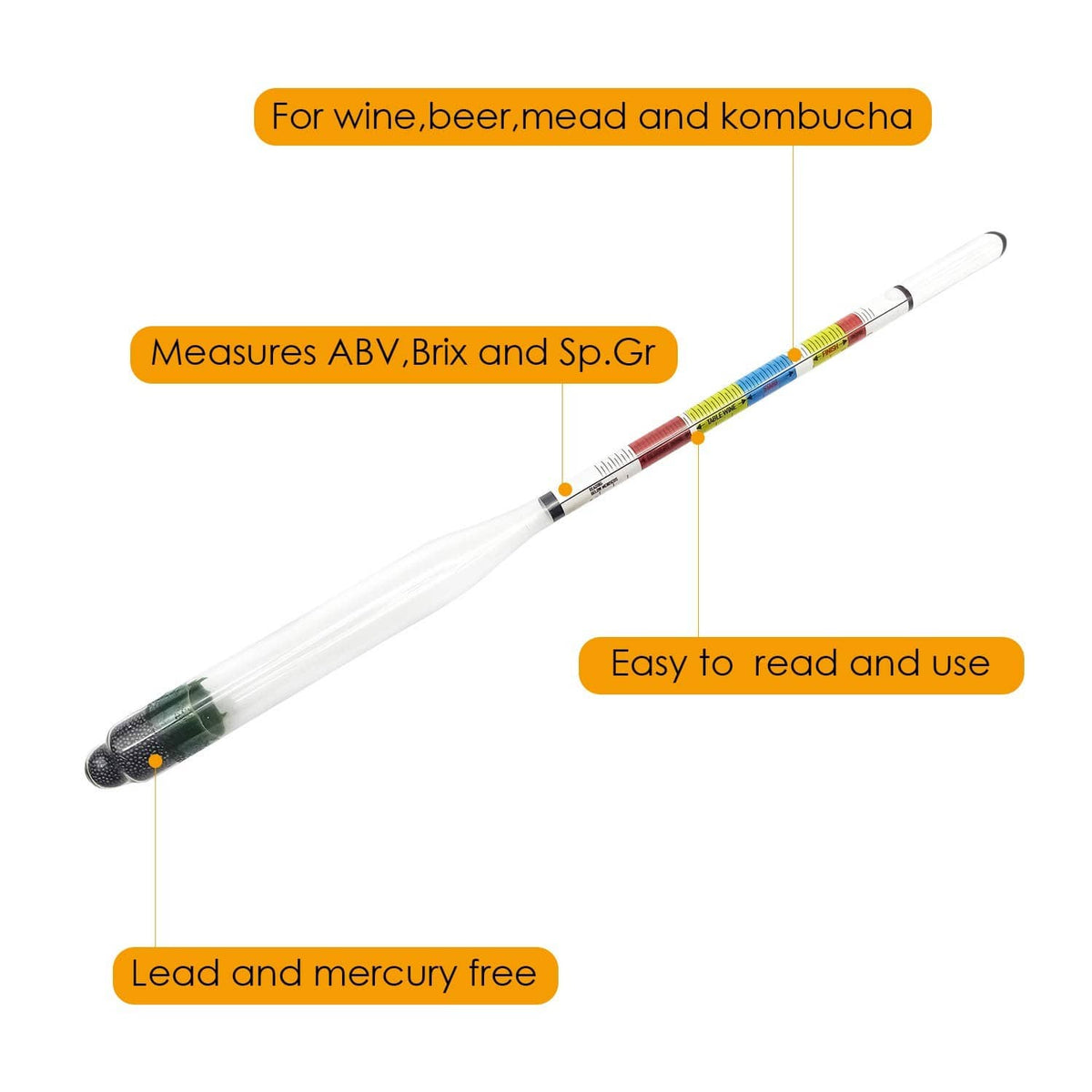 Triple scale alcohol hydrometer with colored ABV/Brix/SP. Gr. markings