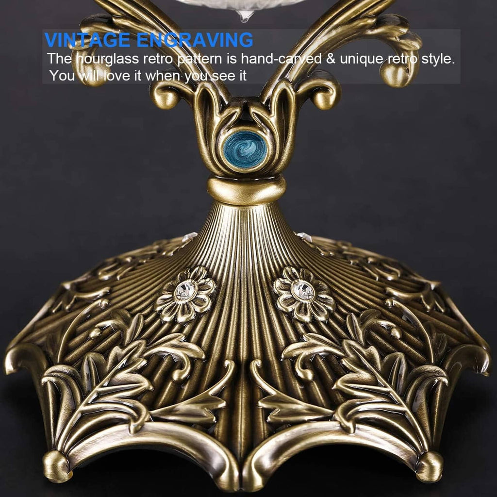 Ornate gold-toned rotating hourglass base detail with blue gem centerpiece