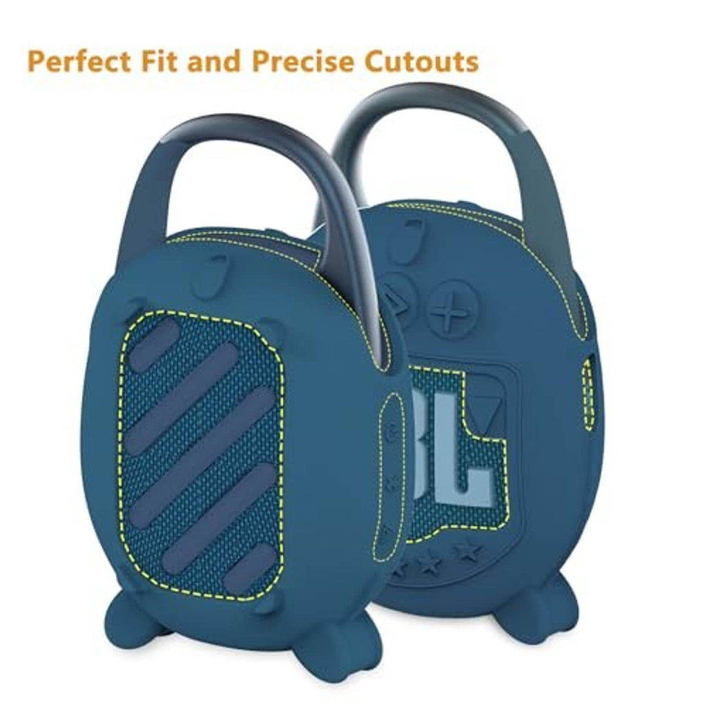 Blue soft silicone speaker cover with precise button and port cutouts, feet design
