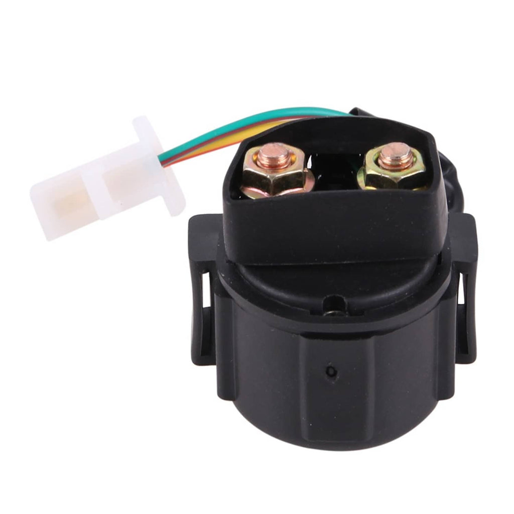 Black starter relay solenoid with dual terminals and rainbow-colored wire leads