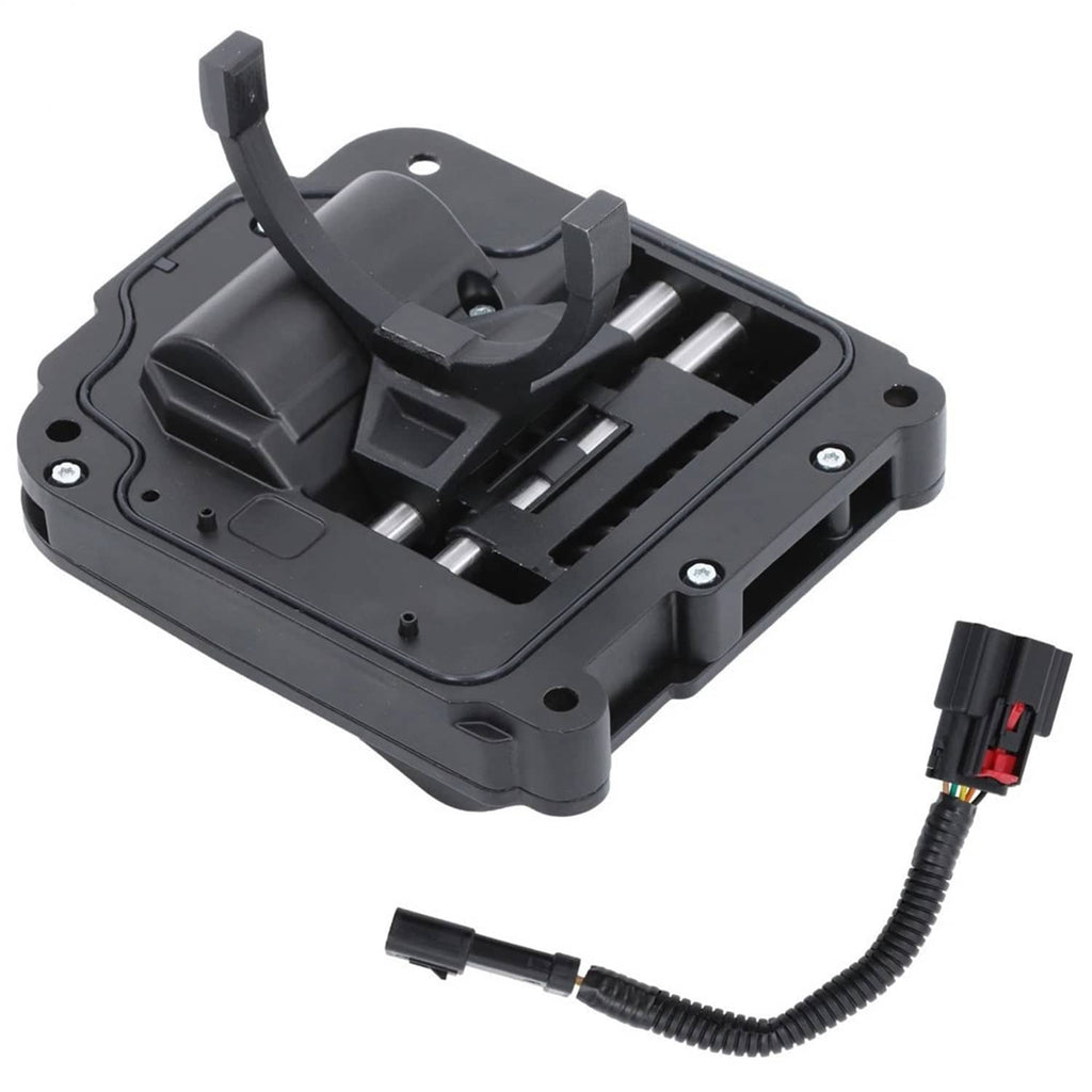 Transfer case actuator in black with curved lever, metal linkage rods, and two-pin connector