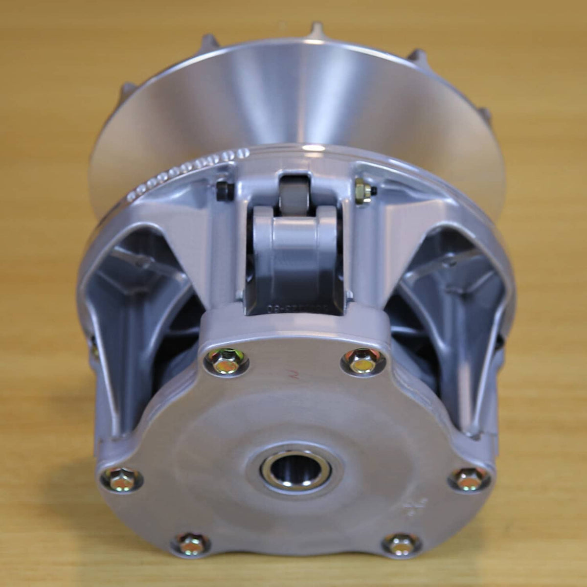 Silver primary drive clutch kit top view, showing center bracket and fasteners
