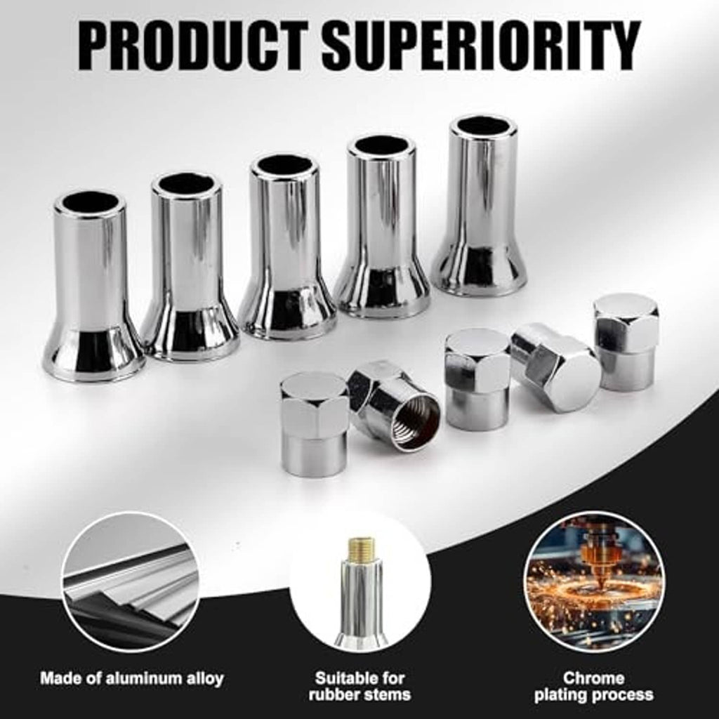 Chrome tire valve stem sleeves with hex caps, shown loose pieces and stem insert