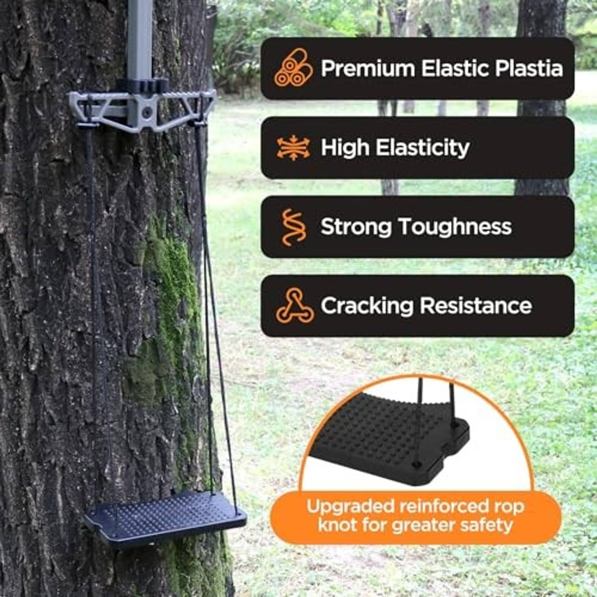 Climbing stick aider step plate with textured surface and hanging suspension ropes on a tree
