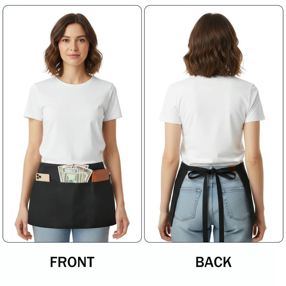 Black waist apron with 3 pockets, front and back views