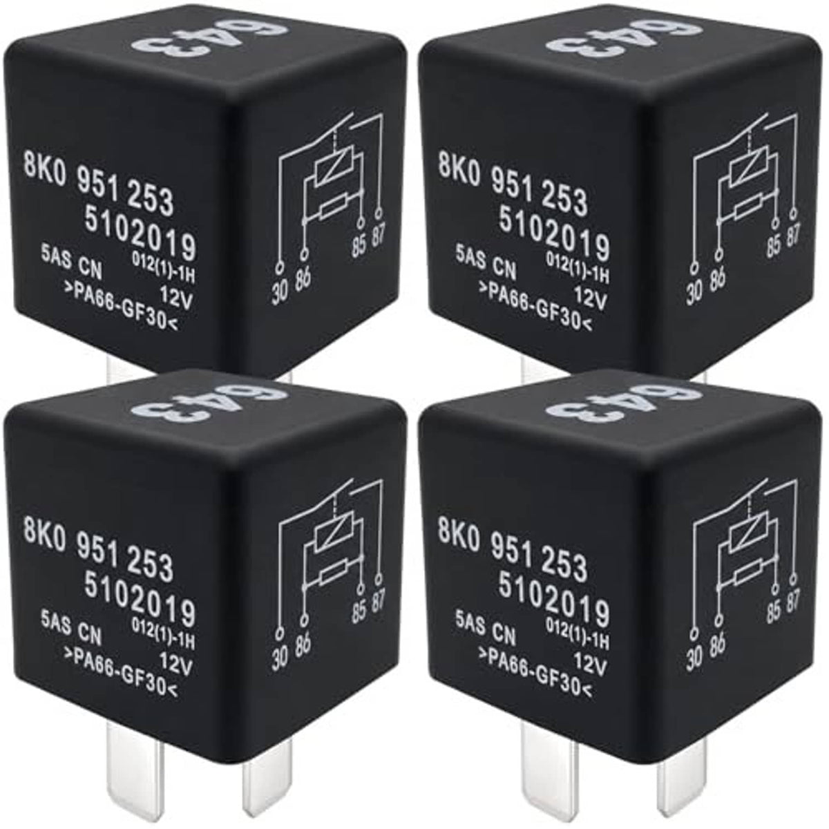 Set of four black automotive relays, each with white label text and two plug prongs
