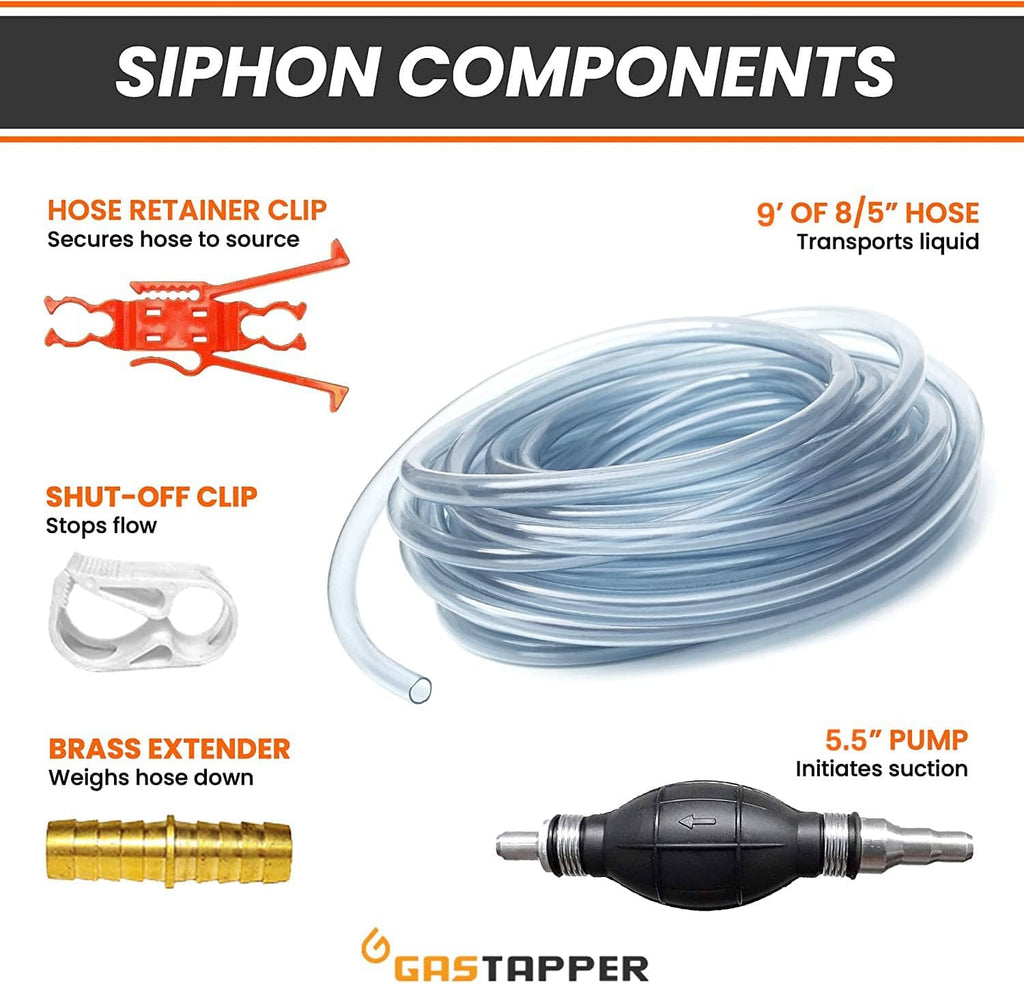 Siphon pump kit with clear hose, black pump bulb, brass extender, and clips