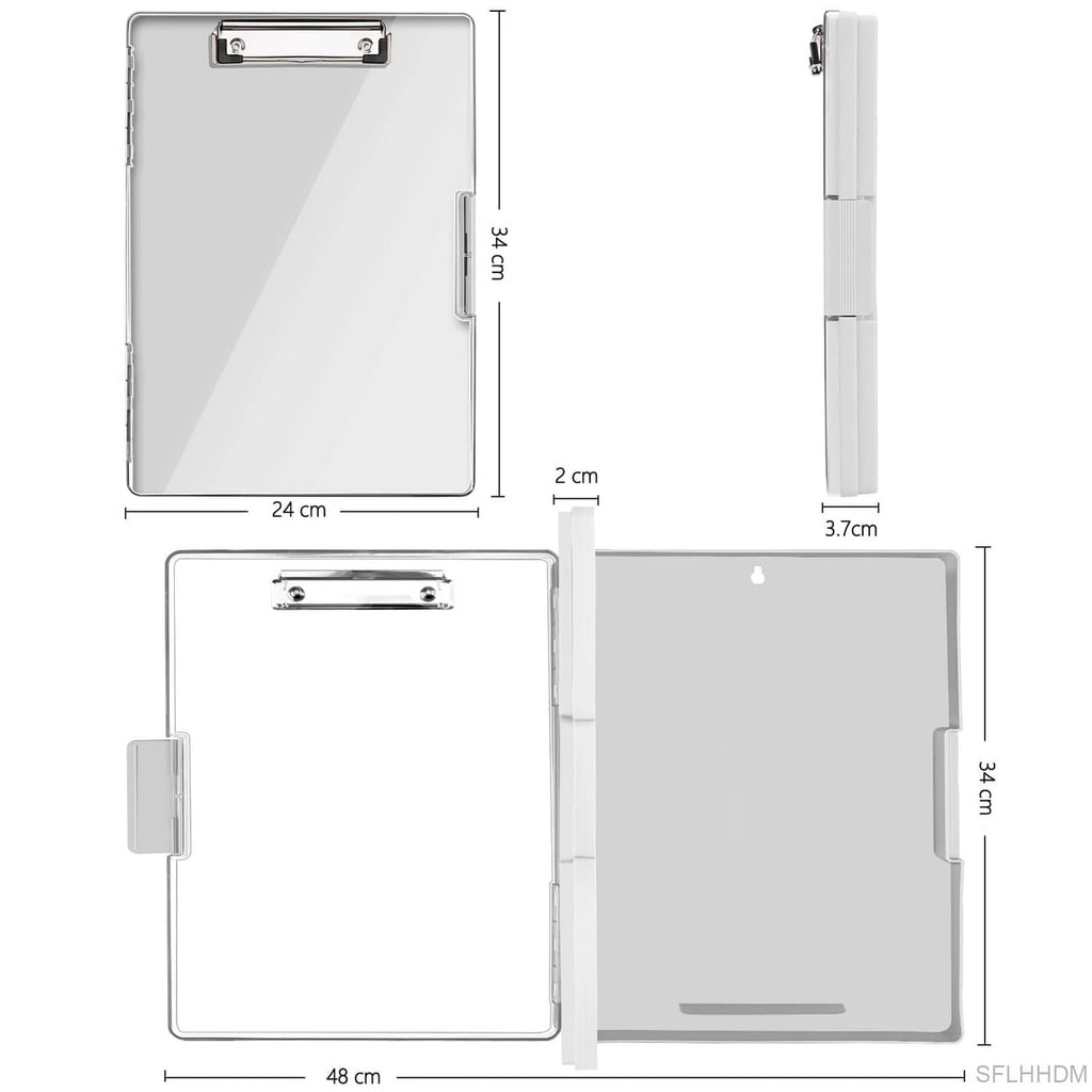 Foldable 8.5x11 clipboard with storage shown with size diagram and side compartments