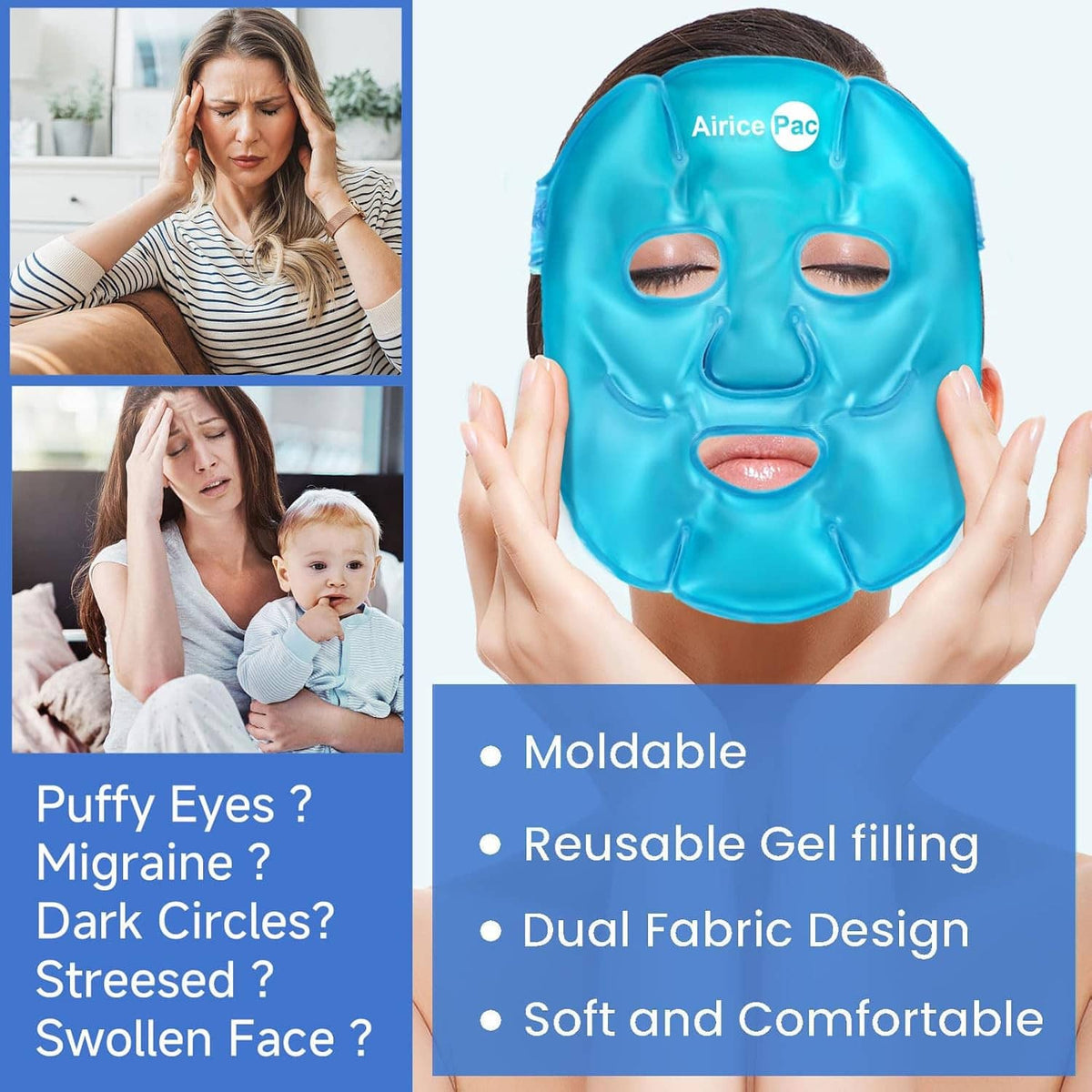 Blue cooling face mask on a person’s face and a second blue eye mask shown nearby