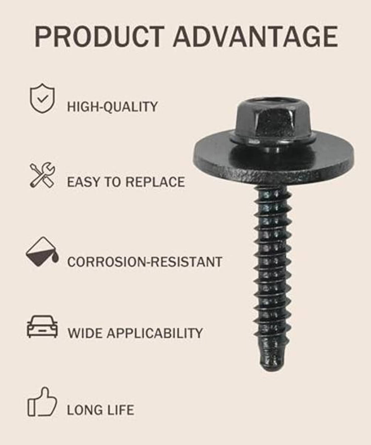 Black universal bumper cover screw with round head and ribbed threaded shank