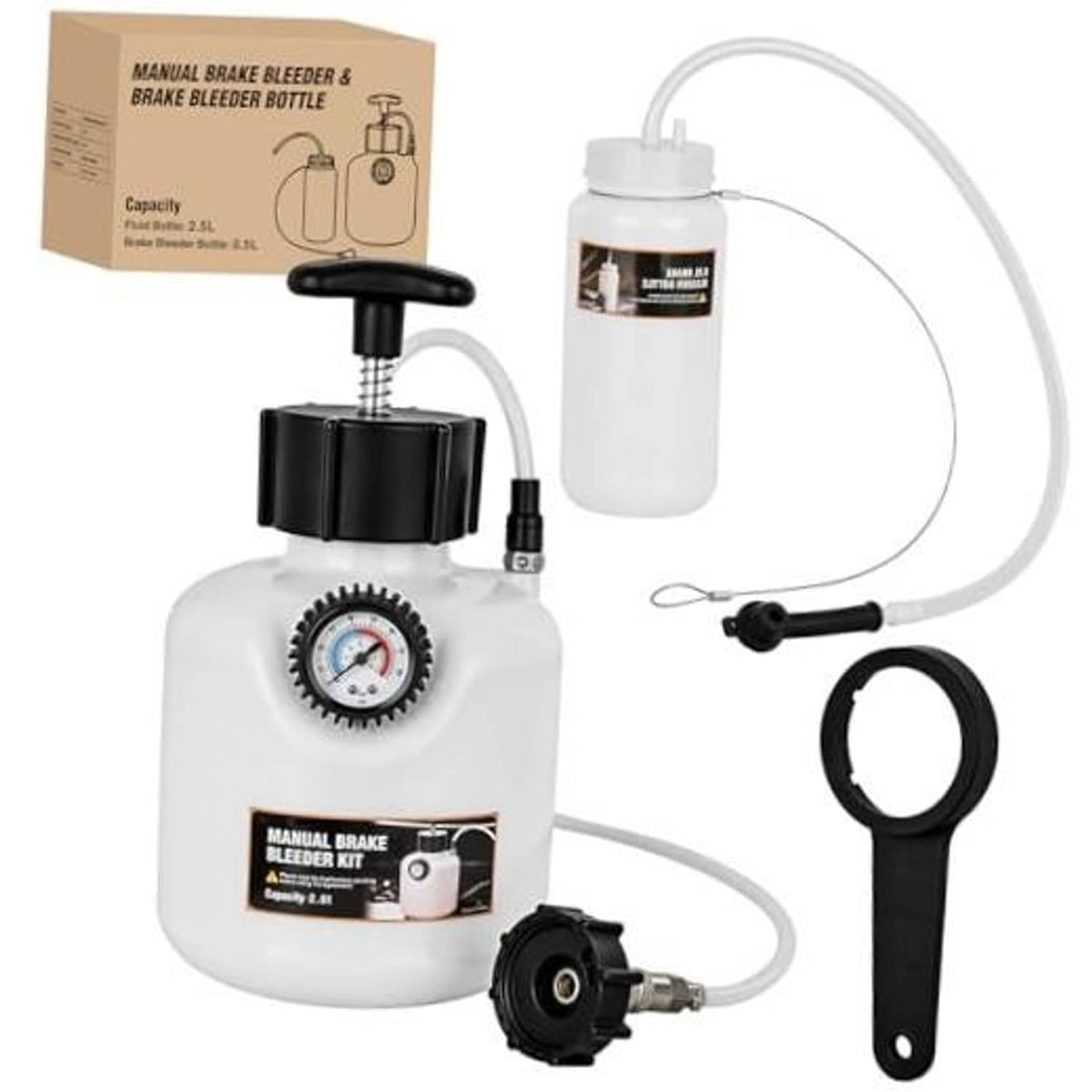Manual brake bleeder kit with white bottle, black pump, gauge, and tubing set