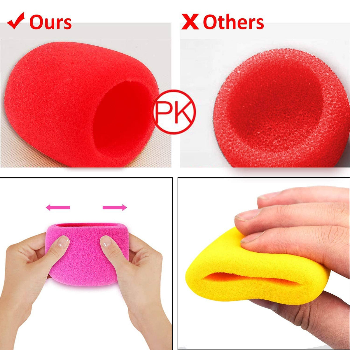 Red foam microphone cover close-up and in-hand comparison panels