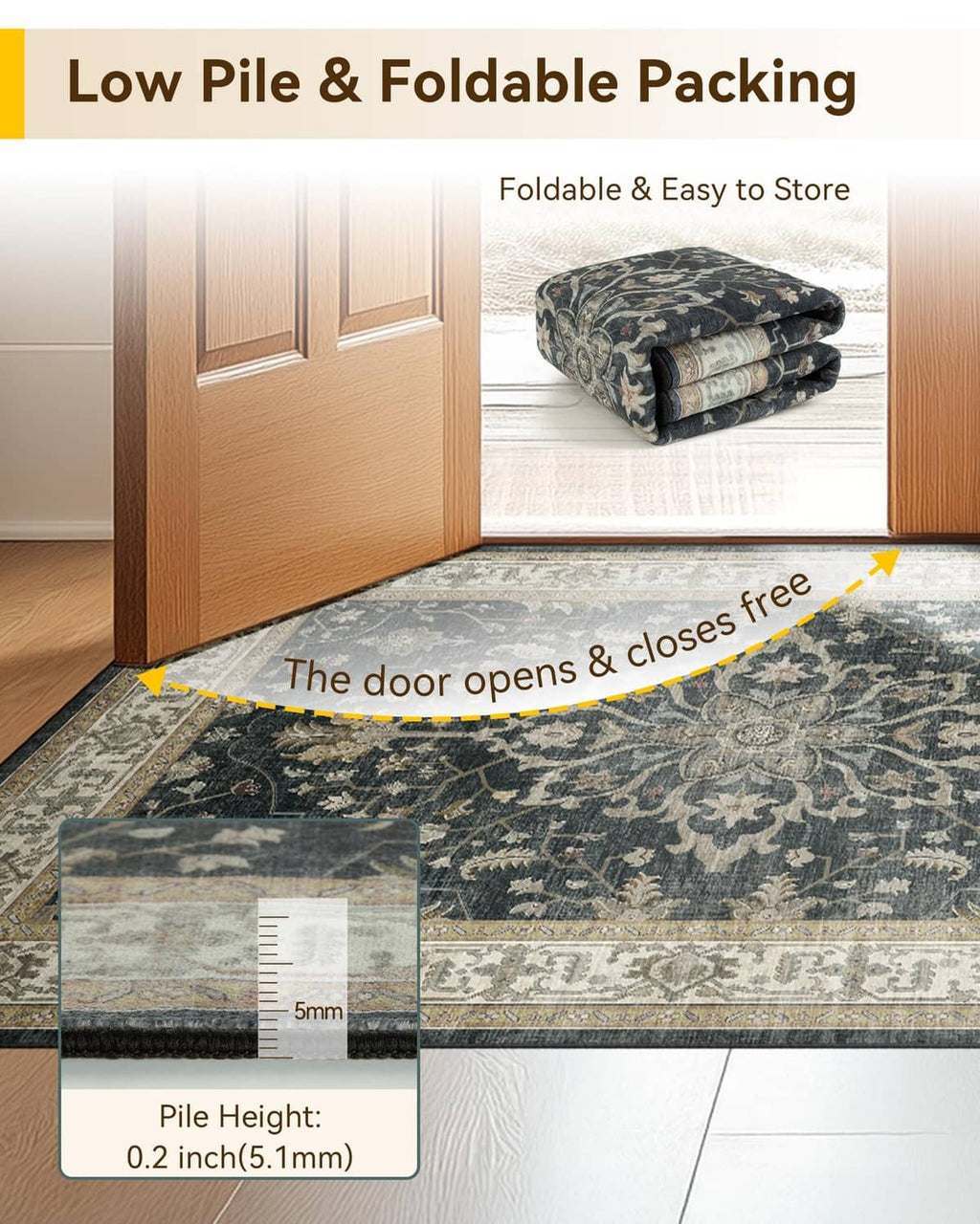 Low-pile washable rug infographic with fold-and-store packing illustration