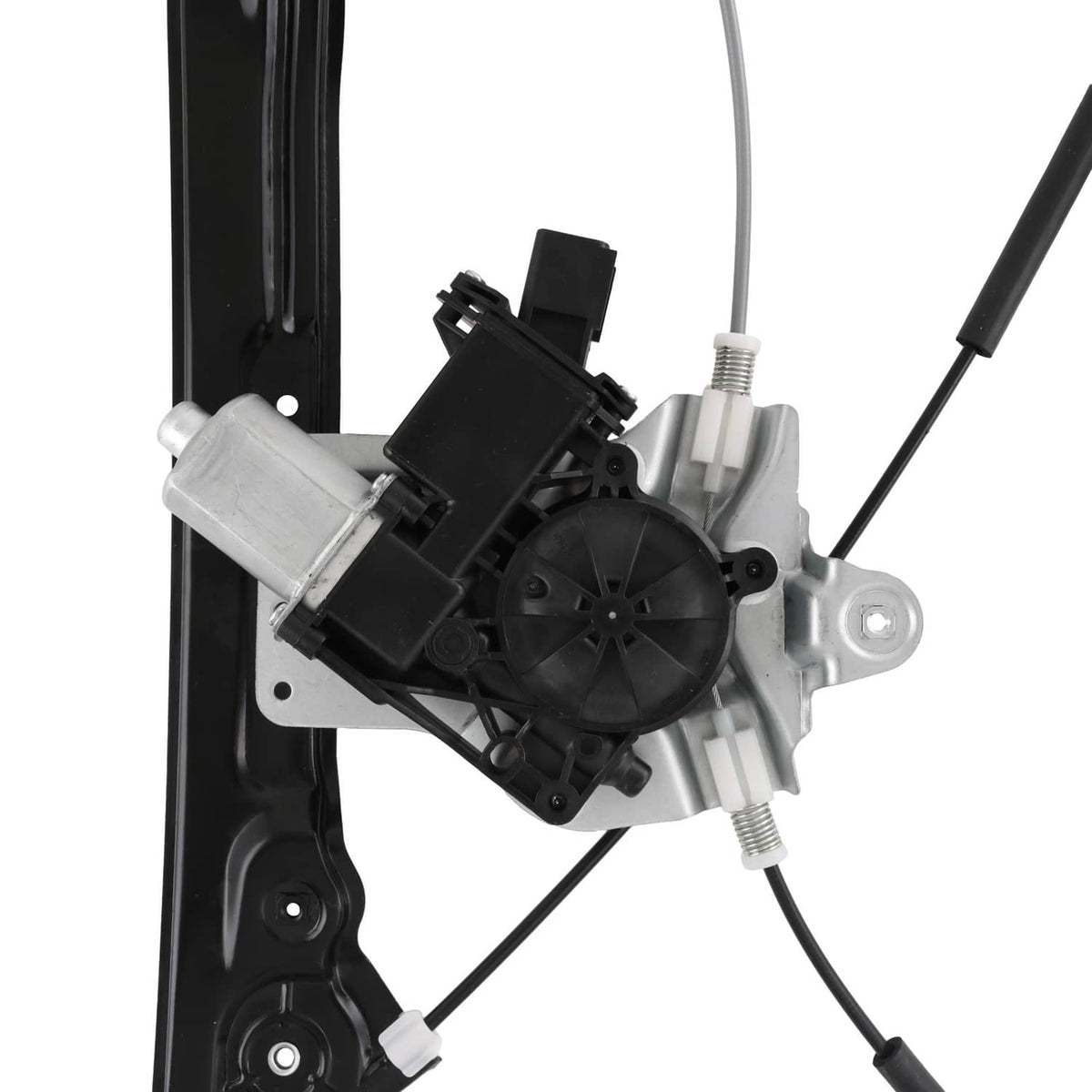 Close-up of window regulator motor assembly with black module and wiring