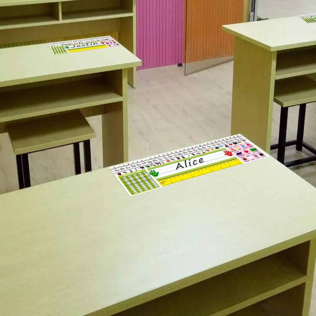 Multicolor self-adhesive nameplate strip reading 'Alice' on tabletop