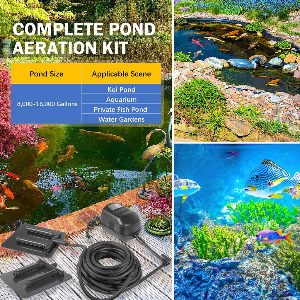 Pond aeration kit with air pump, diffuser stones, and coiled tubing