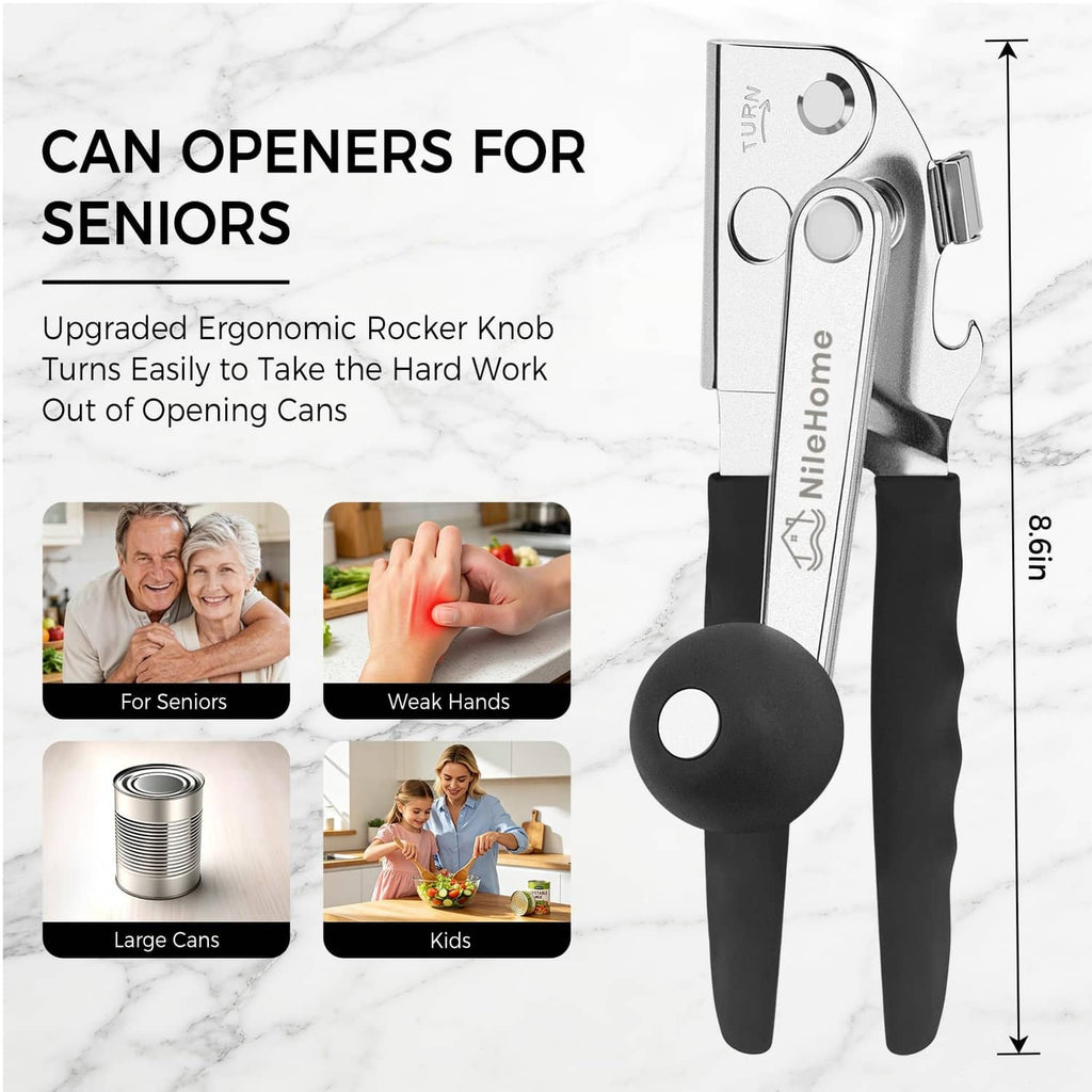 Commercial hand crank can opener with long reach, black grips and silver body