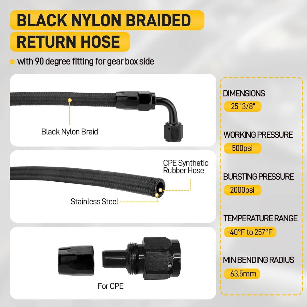 Black nylon braided return hose with 90-degree fitting for power steering