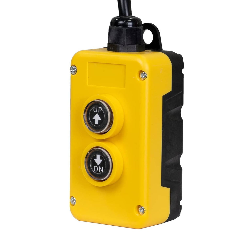 Yellow remote controller with two UP/DN buttons and black cable strain relief