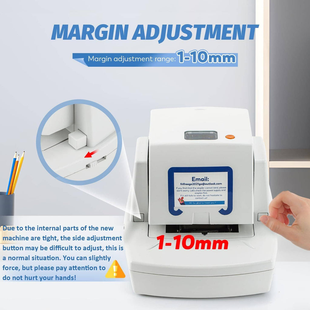 White electric stapler with margin adjustment setting range and side feed guide