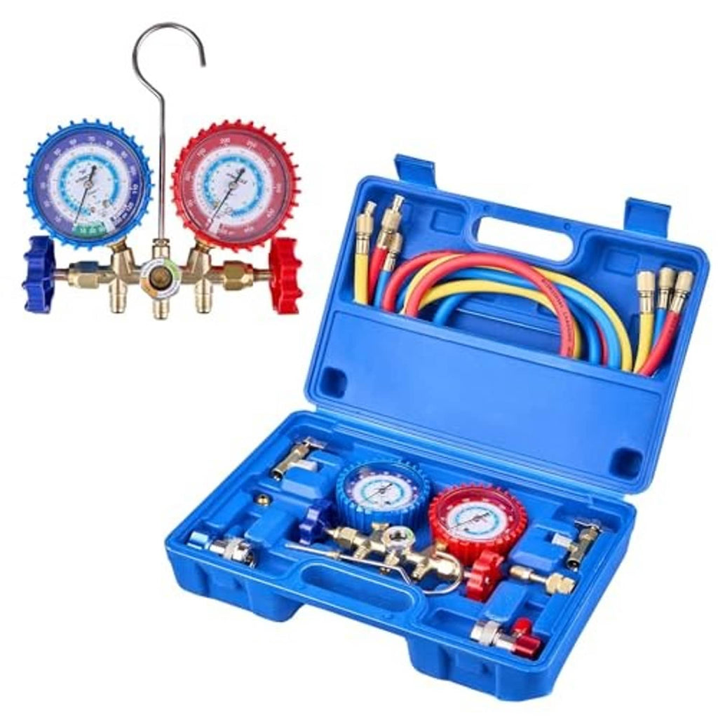 HVAC manifold gauge set with dual dials and open blue carrying case with multicolor hoses