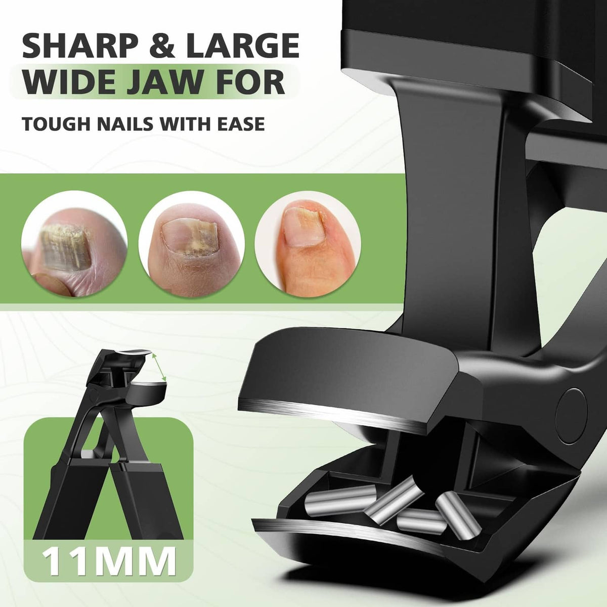 Black toenail clipper with wide jaw opening and sharp cutting blade