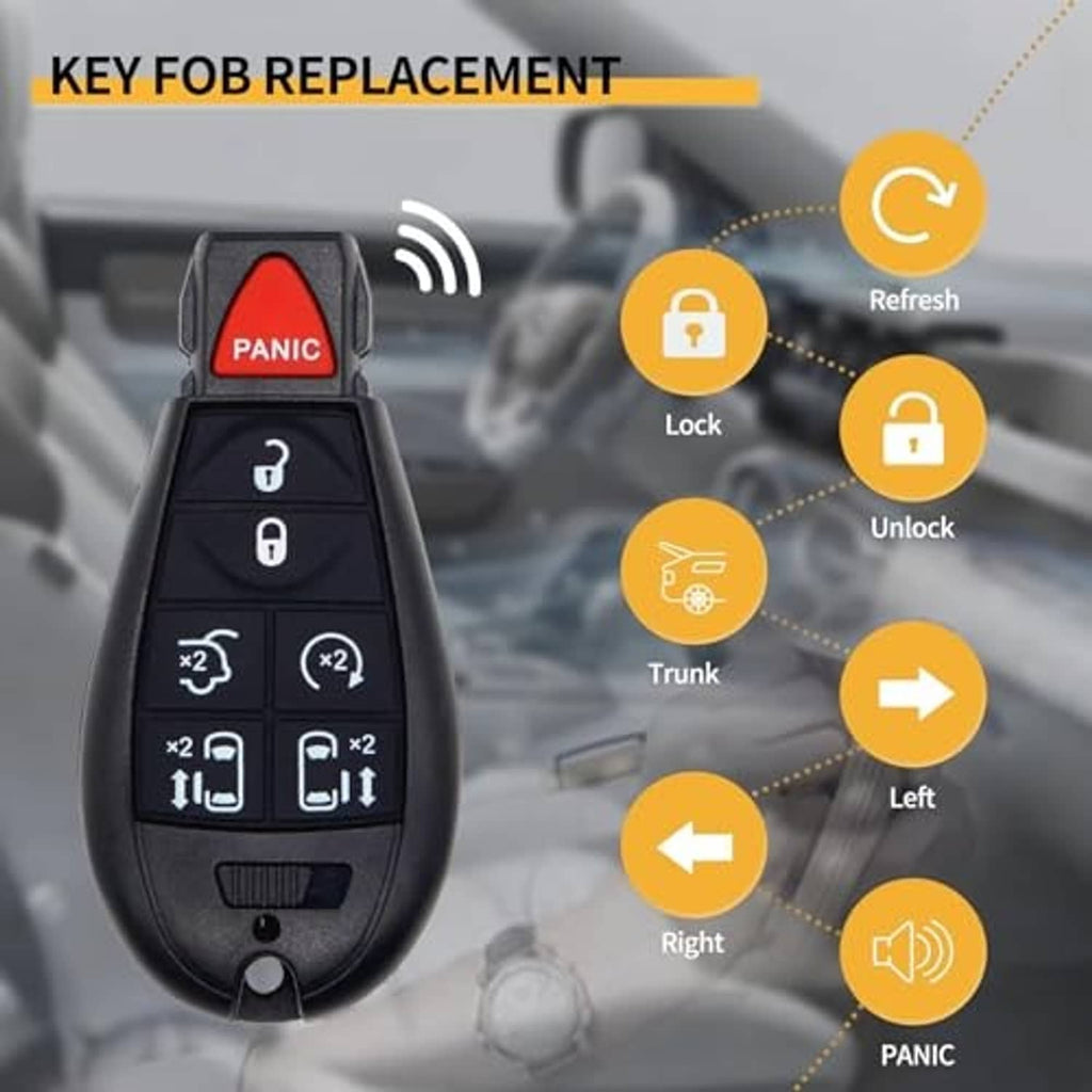Black key fob with red PANIC button and seven function buttons, compact key shape