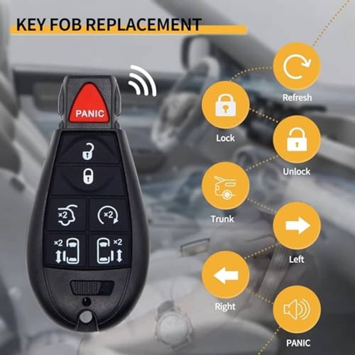 Black key fob with red PANIC button and seven function buttons, compact key shape