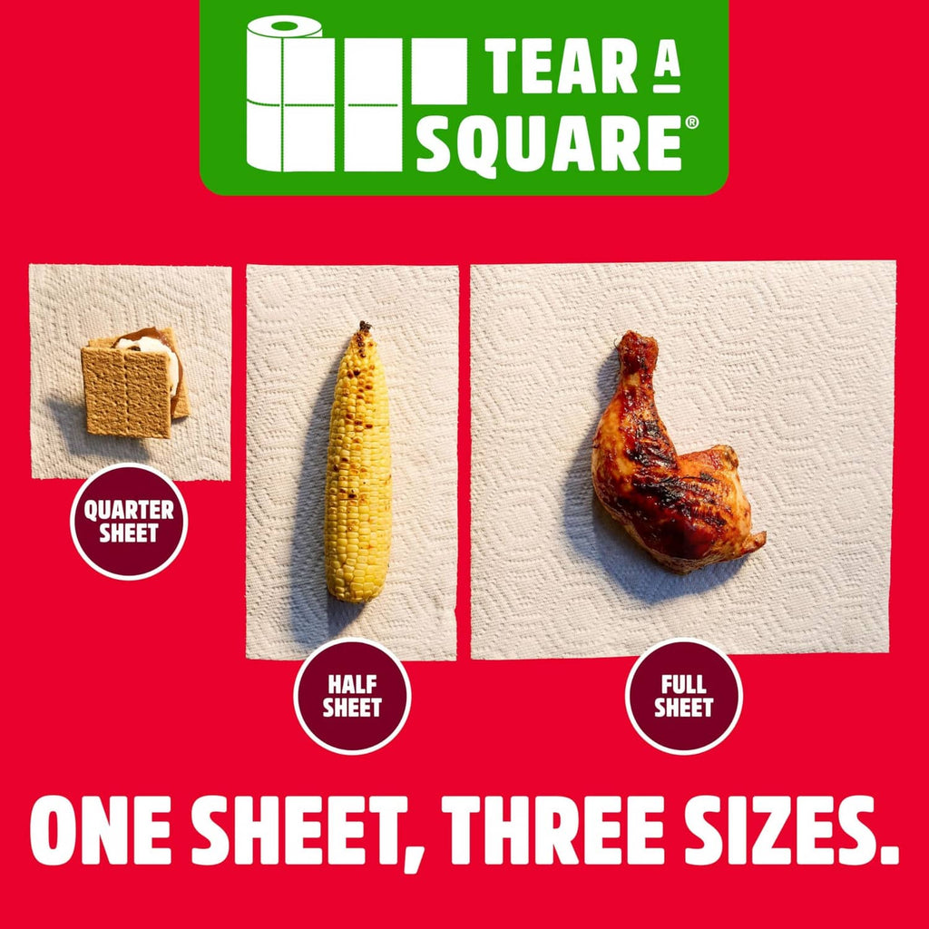Tear-A-Square paper towel size guide showing quarter, half, and full sheets