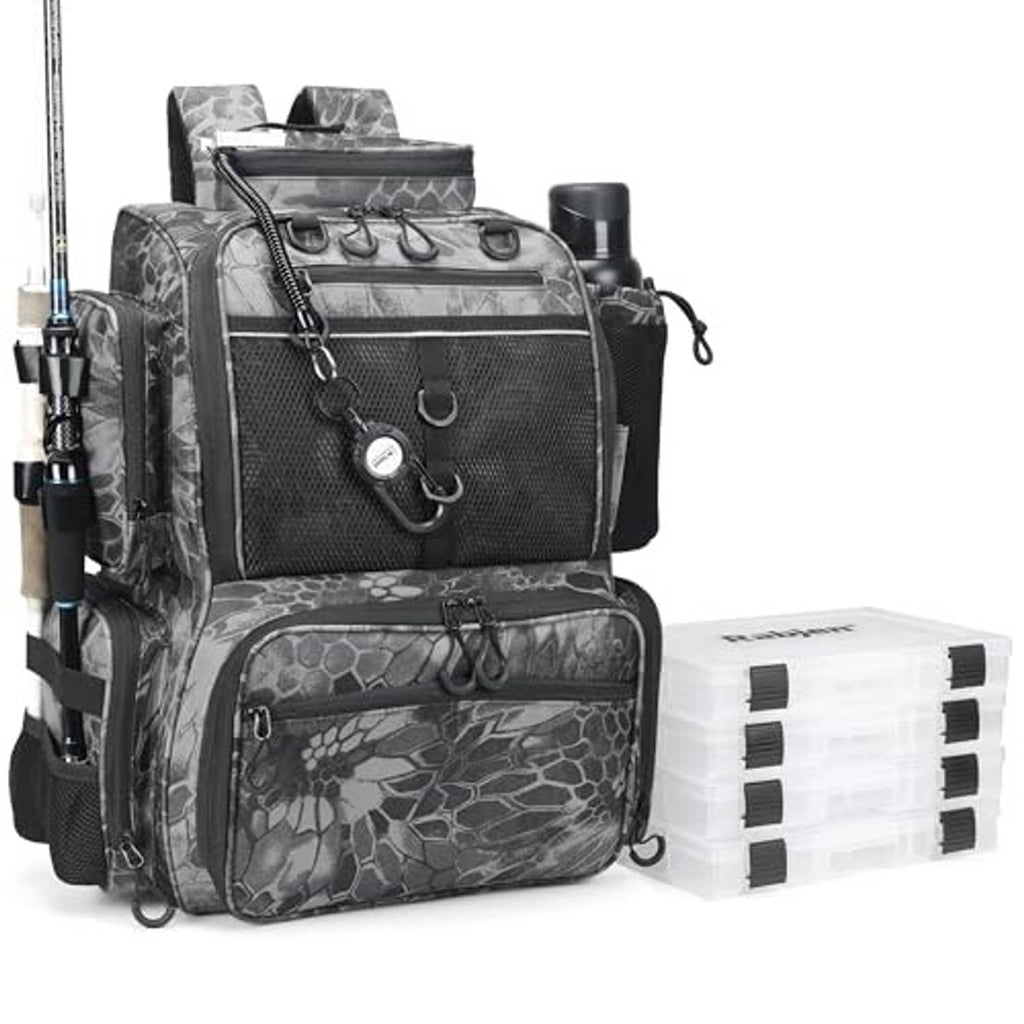 Camouflage black fishing backpack with front organizer and side handle loops