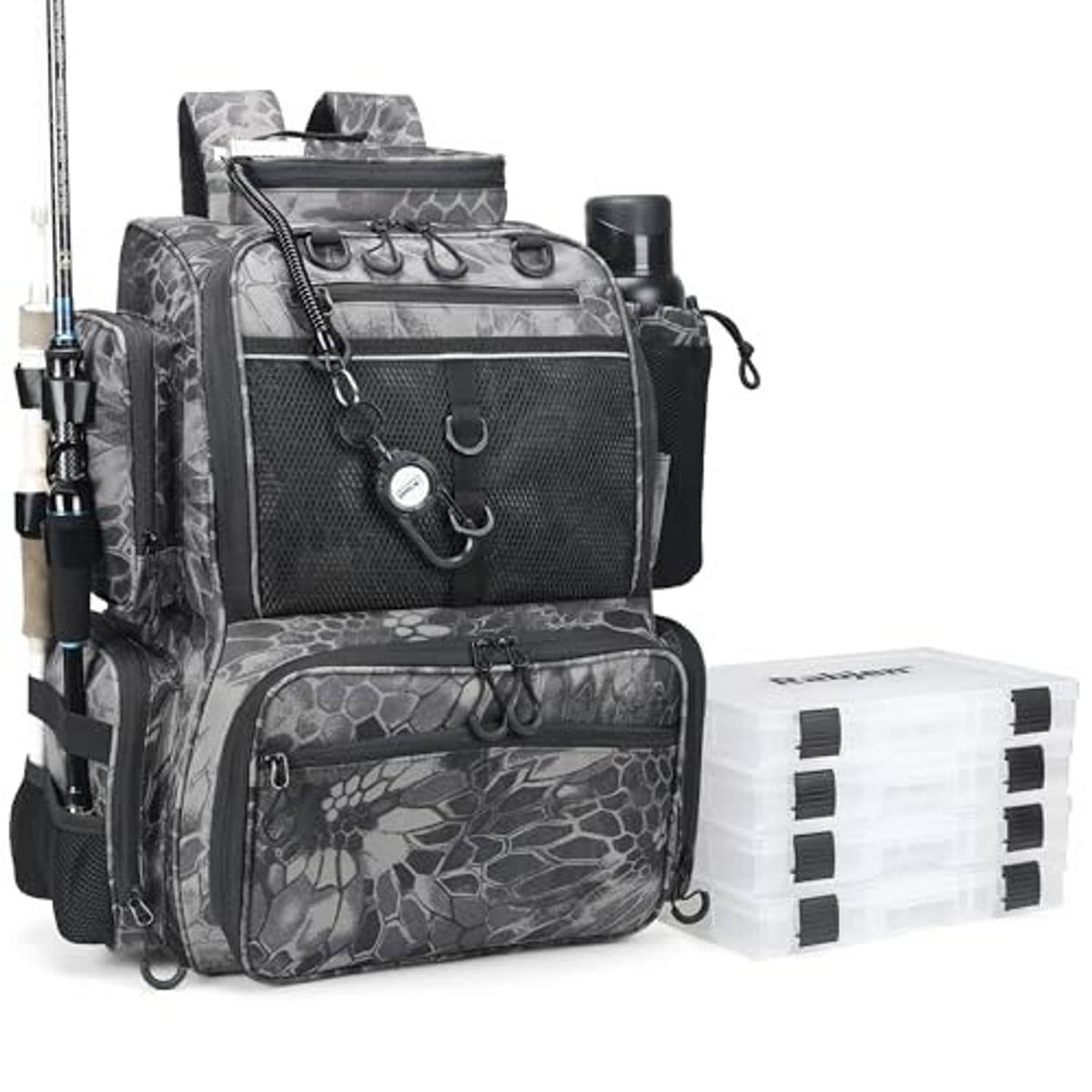 Camouflage black fishing backpack with front organizer and side handle loops
