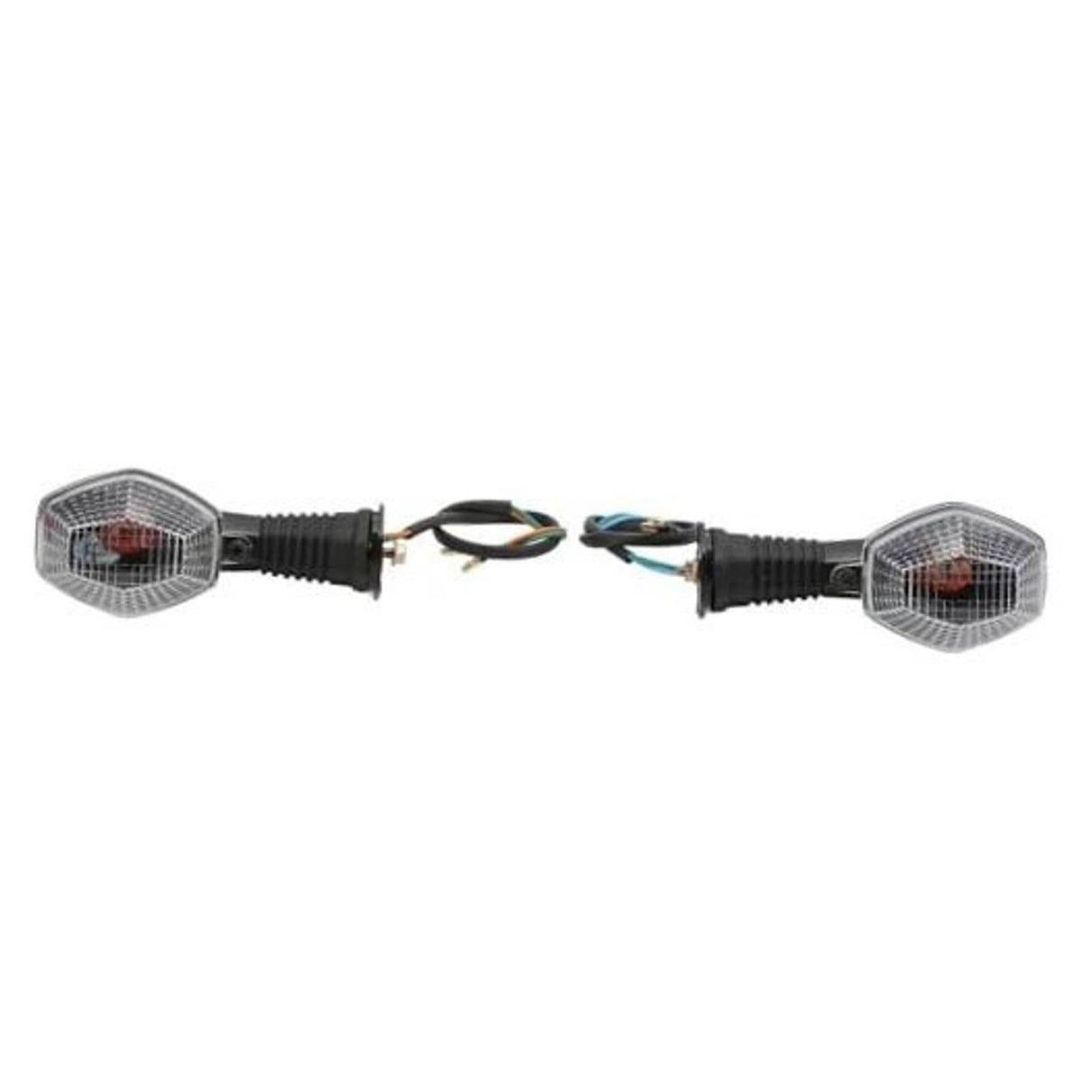 Pair of clear-lens motorcycle turn signal lights with ribbed black housings and wiring