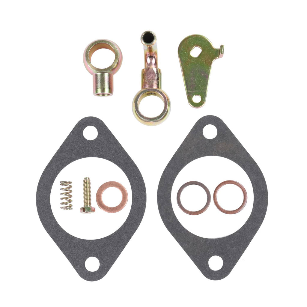 Carburetor gasket kit with two gaskets, spring, and metal connector fittings