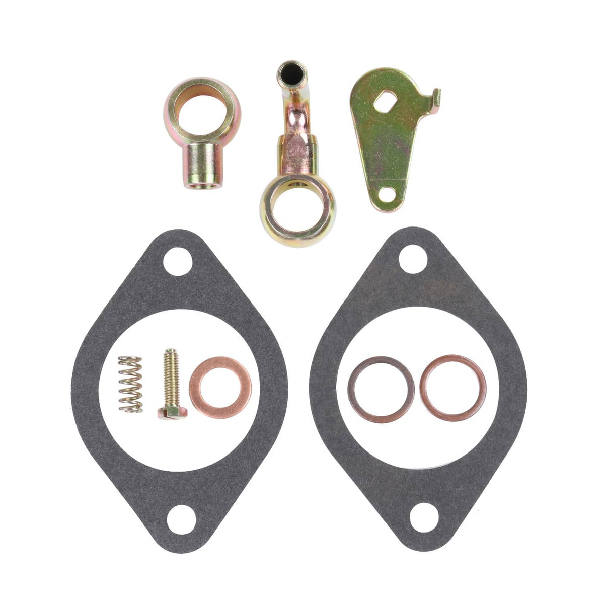 Carburetor gasket kit with two gaskets, spring, and metal connector fittings