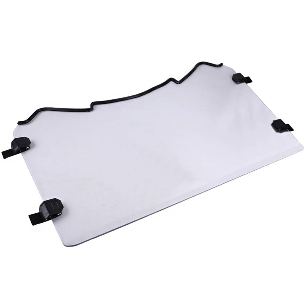 Clear windscreen panel with black edge clips and straps