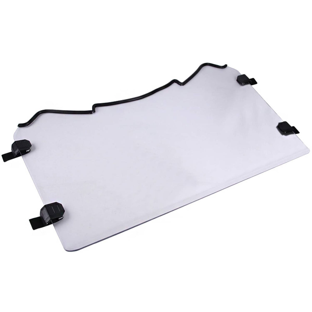 Clear windscreen panel with black edge clips and straps
