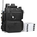 Black fishing tackle backpack with front mesh organizer panel and large zip compartments