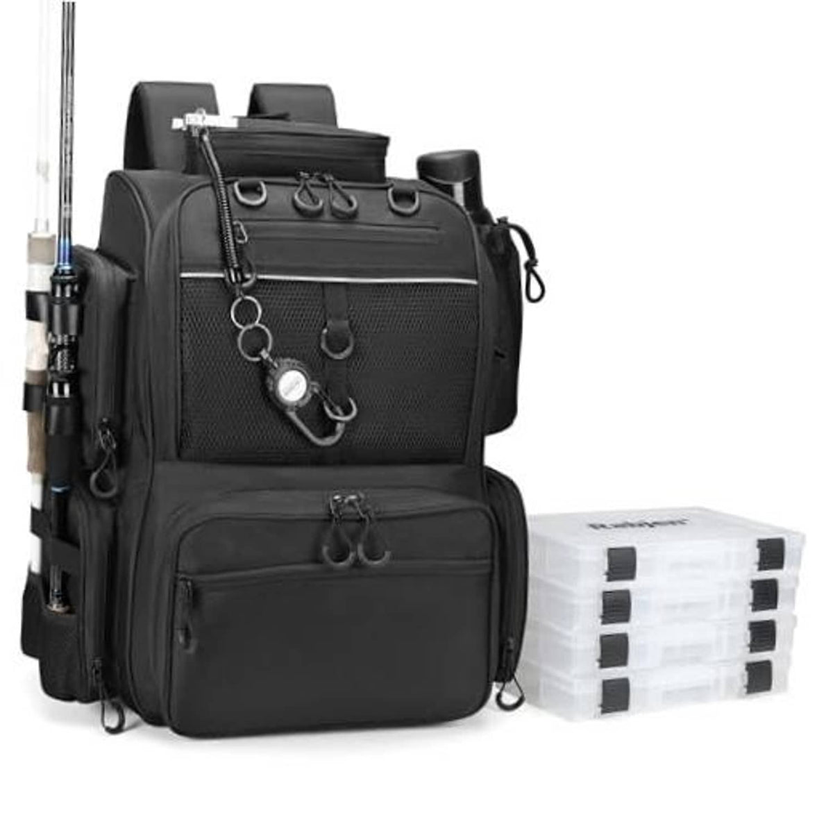 Black fishing tackle backpack with front mesh organizer panel and large zip compartments