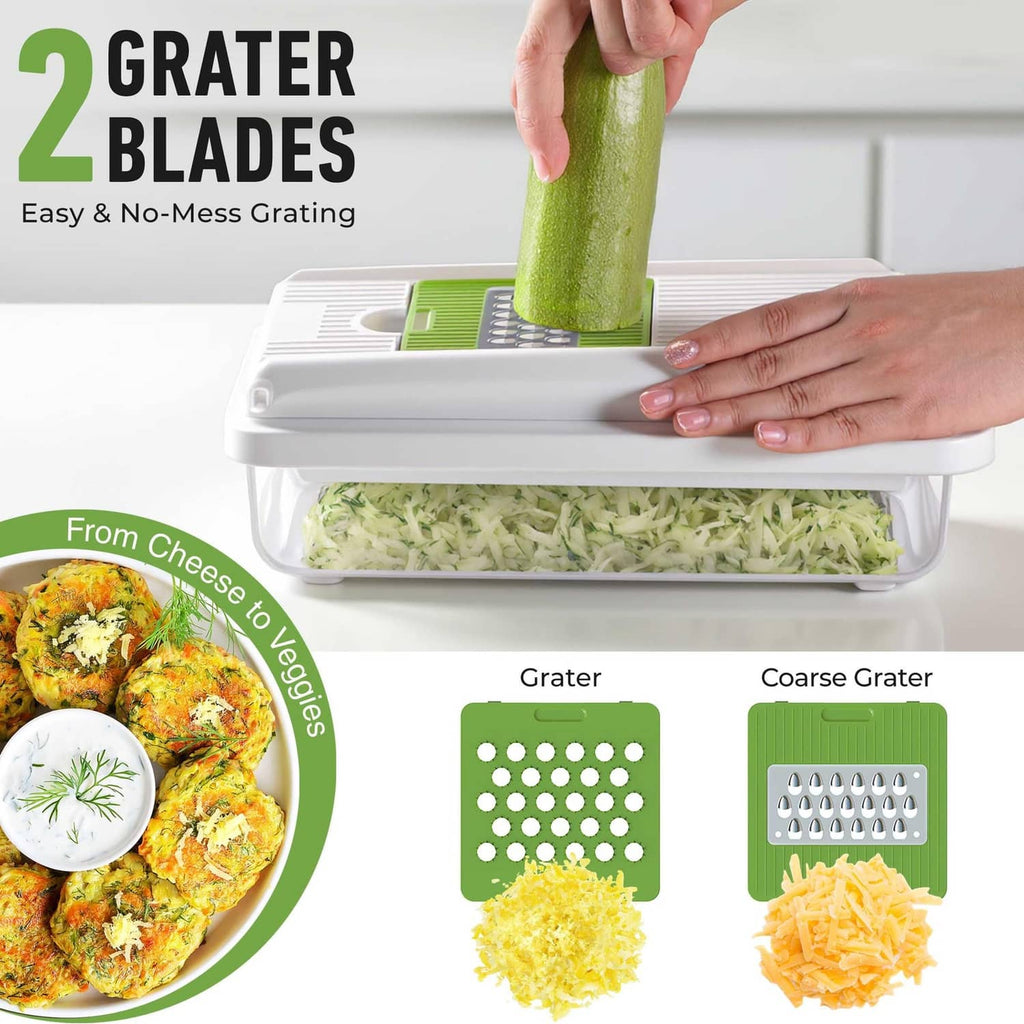 Green grater blade vegetable chopper with shredded vegetables in clear storage bin