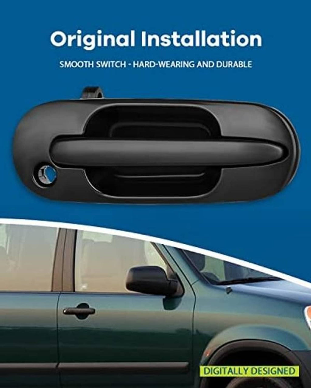 Single dark gray exterior door handle with black pull and round keyhole