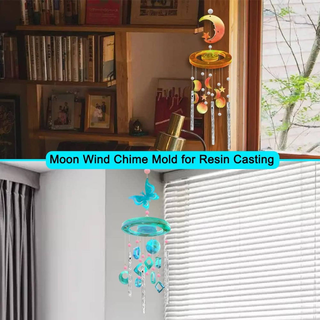 Blue moon wind chime mold and hanging charm display on a window