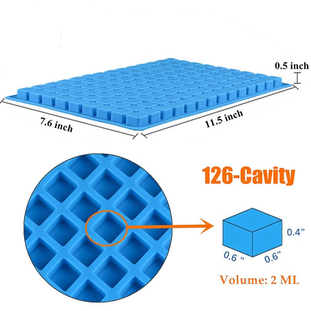 Blue silicone square candy mold tray with shallow cube-shaped cavities
