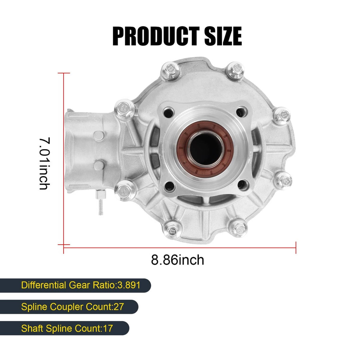Rear differential gear case front housing with central brown seal and bolt holes