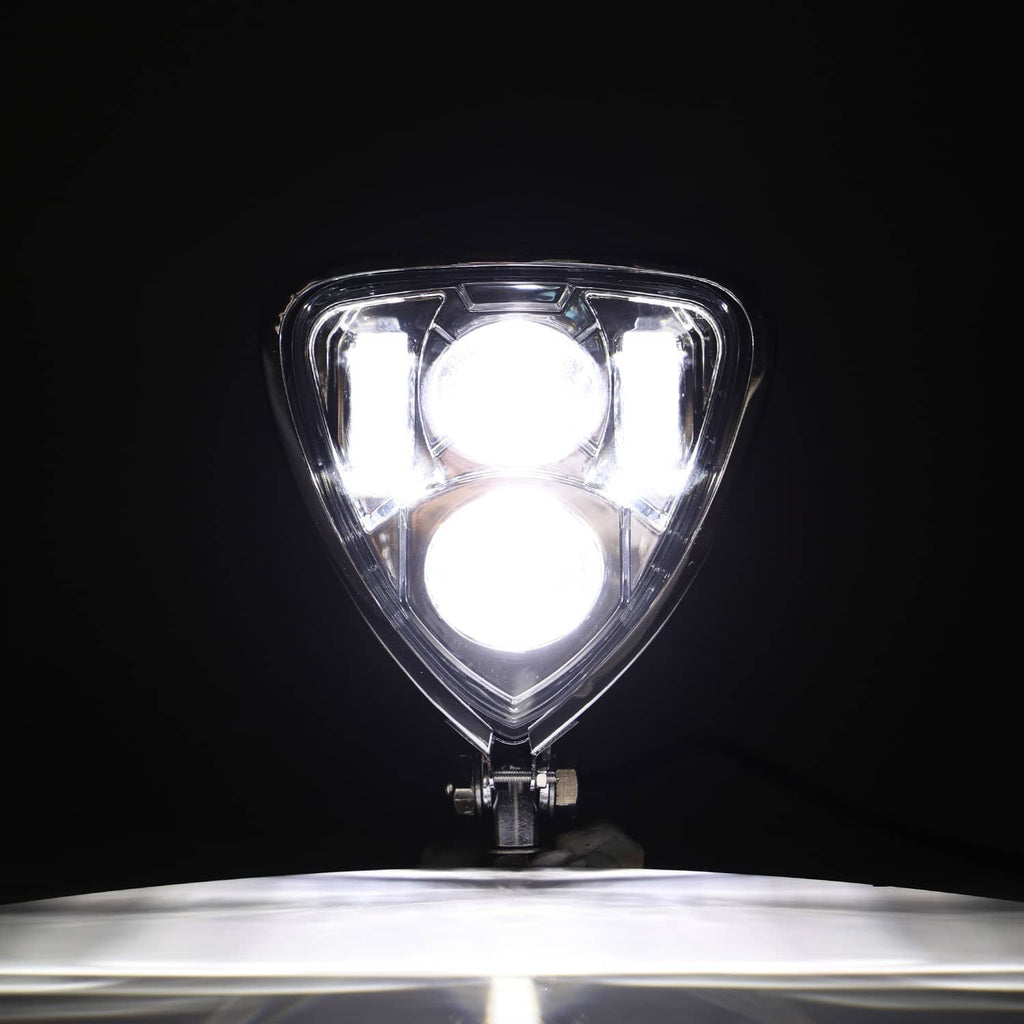 Chrome triangle motorcycle headlight assembly, front view with bright dual light output
