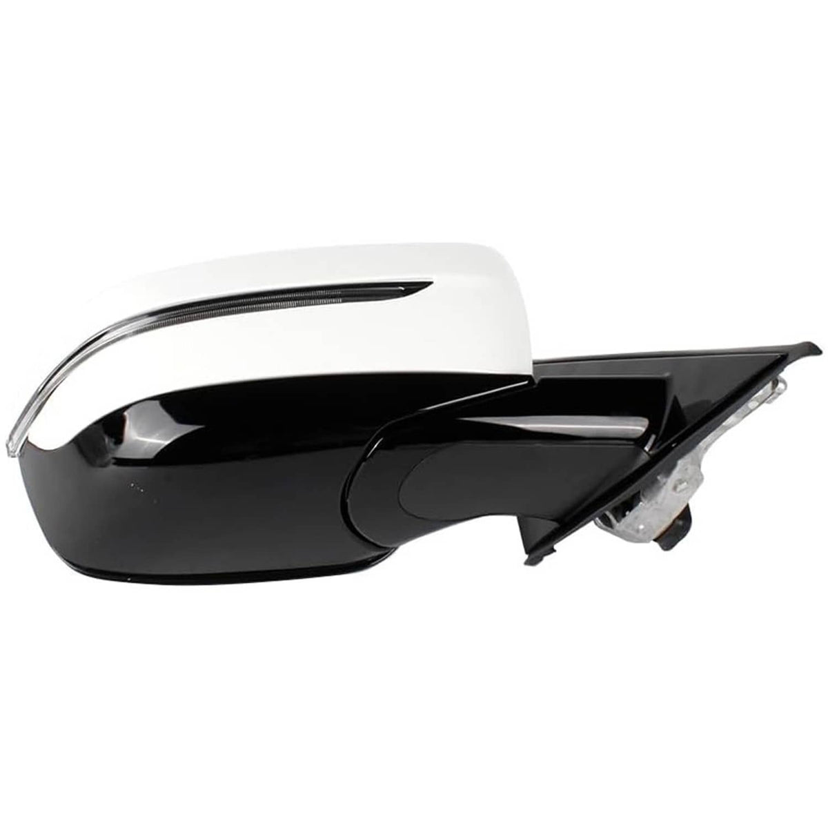 White passenger side mirror with black lower cover and streamlined housing