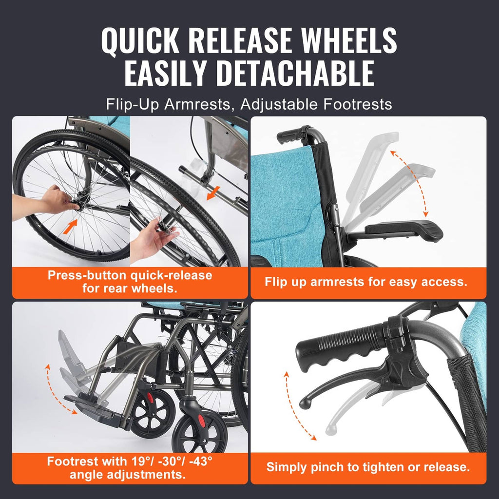 Manual wheelchair featuring flip-up armrests and adjustable footrest angle mechanisms