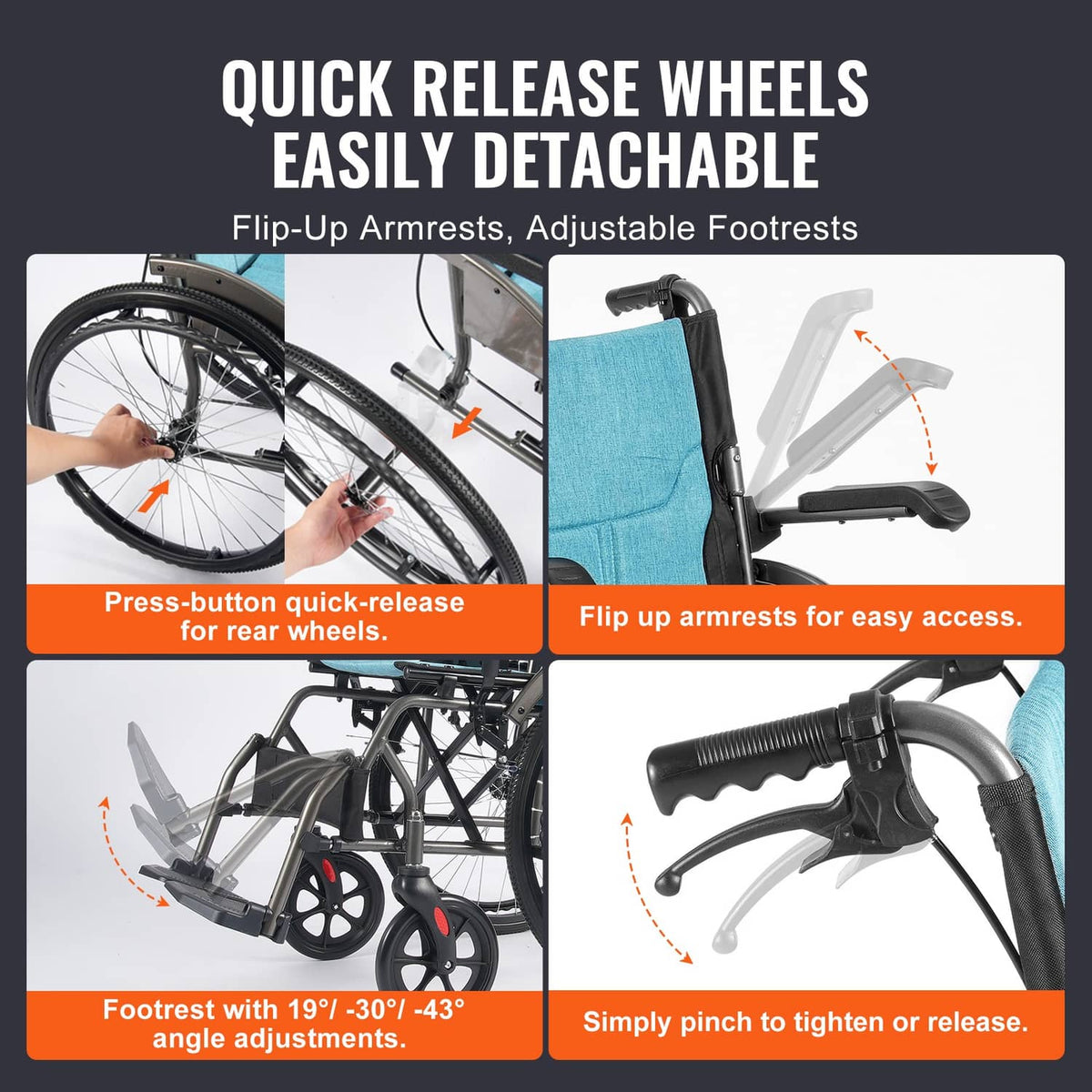 Manual wheelchair featuring flip-up armrests and adjustable footrest angle mechanisms